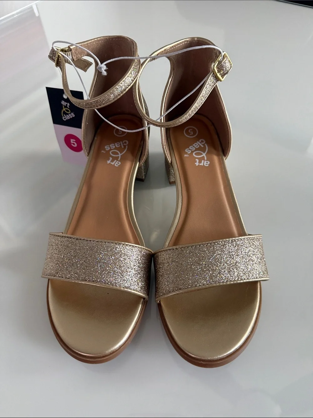 art class Girls Gold Glitter Block Heel Sandals